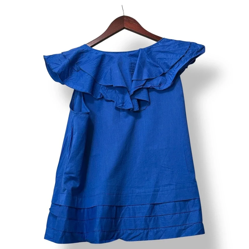 See by Chloe Womens Blue Ruffle Tie Neck 100% Cotton Top 8 Boho Parisian Resort - Picture 3 of 8